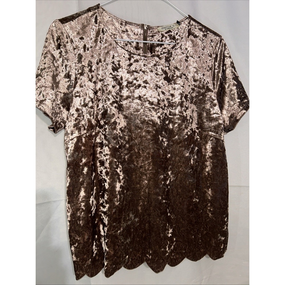 Charlie O Women's Rose Velour Short Sleeve Scalloped Hem Top Size L